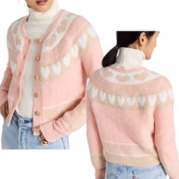 LoveShackFancy Dimples Heart Print Crop Cardigan in Champagne Toast |S - Picture 2 of 8